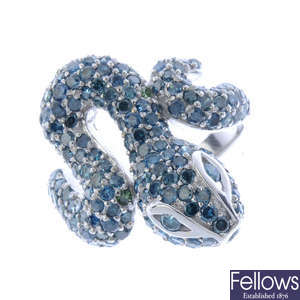 A colour treated 'blue' diamond snake ring.