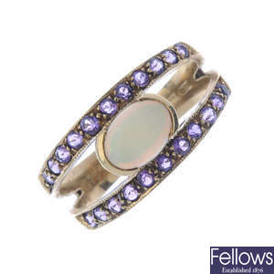A 9ct gold opal and amethyst dress ring.