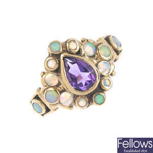 An amethyst and opal cluster ring.