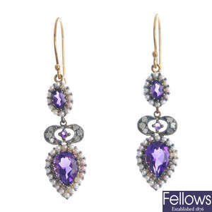 A pair of amethyst, diamond and seed pearl earrings.