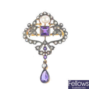 A diamond, amethyst, seed and freshwater cultured pearl brooch.