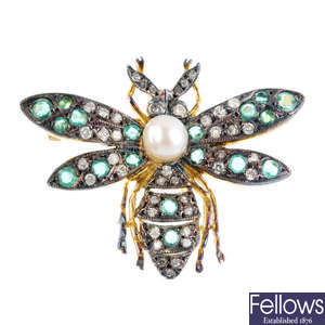 A cultured pearl, diamond and emerald bee brooch.