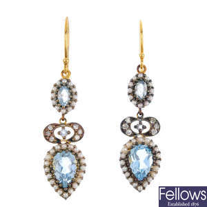 A pair of topaz, diamond and split pearl earrings. 