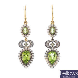 A pair of peridot, split pearl and diamond earrings.