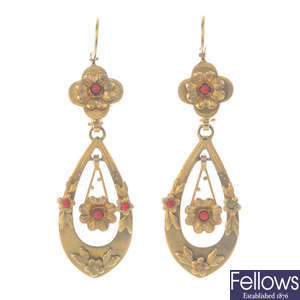 A pair of early 20th century 15ct gold dyed coral and paste earrings.