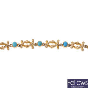An early 20th century 18ct gold turquoise bracelet.