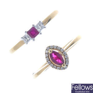 Two 9ct gold ruby and diamond rings.