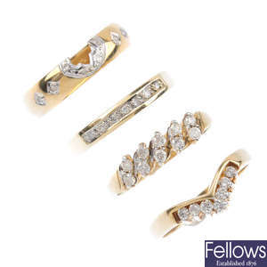 Four 9ct gold diamond rings.