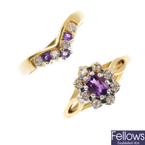 Two 18ct gold diamond and amethyst rings.