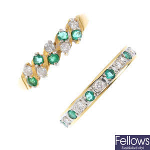 Two 18ct gold emerald and diamond rings.