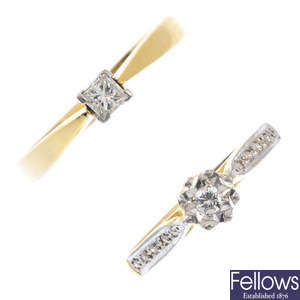 Two 18ct gold diamond single-stone rings.