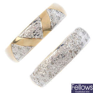 Two 9ct gold diamond band rings.