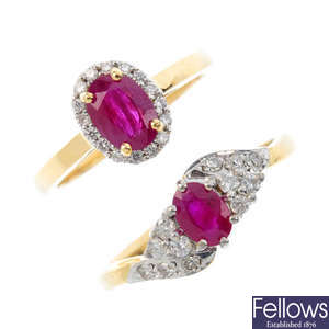 Two 18ct gold ruby and diamond dress rings.
