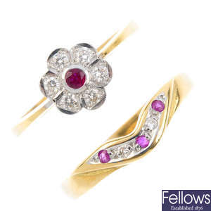 Three 18ct gold ruby and diamond rings.