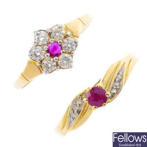 Two 18ct gold diamond and ruby rings.