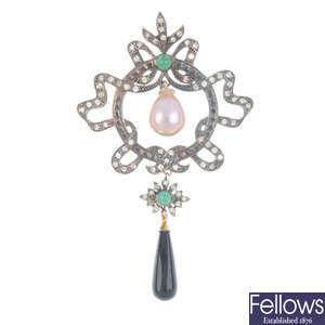 A freshwater cultured pearl, emerald and diamond pendant.
