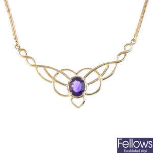 A 9ct gold amethyst necklace, on chain.