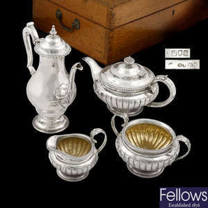 Three piece Georgian silver tea set, together with a later coffee pot in a wooden case.