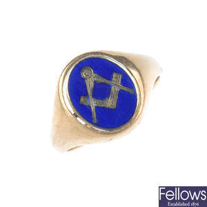 A 1970s 9ct gold Masonic ring and stickpin.