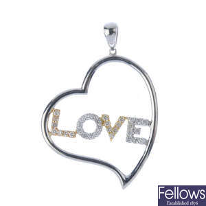 An 18ct gold diamond 'love' pendant.