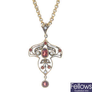A garnet and split pearl pendant, together with a late Victorian gold chain.