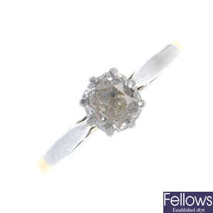 A mid 20th century 18ct gold diamond single-stone ring.
