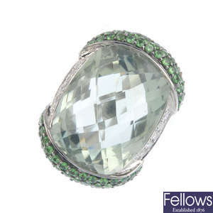 A prasiolite, green garnet and diamond dress ring.