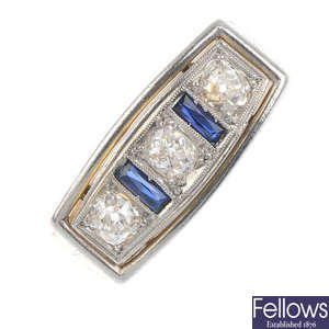 A mid 20th century 18ct gold gentleman's diamond and synthetic sapphire ring.