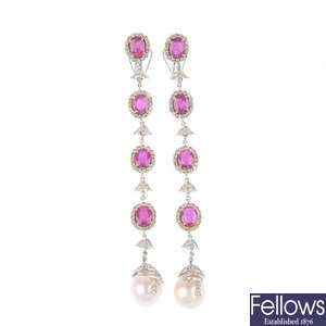 A pair of glass-filled ruby, diamond and imitation pearl earrings.