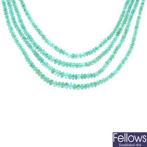 Two emerald bead necklaces.