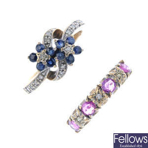 Four 9ct gold diamond and gem-set rings.