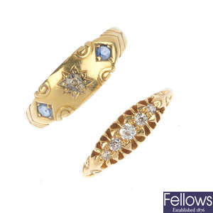 Two early 20th century gold diamond and gem-set rings.