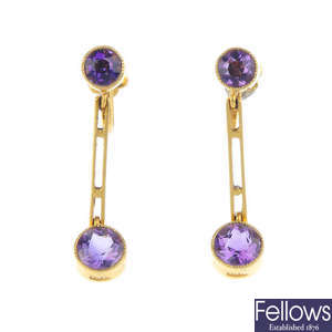 A pair of Edwardian 15ct gold amethyst earrings.