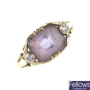 An amethyst and diamond ring and earrings.