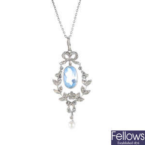 An aquamarine, diamond and pearl pendant, with chain.