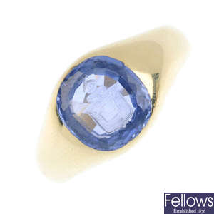 A sapphire signet ring.