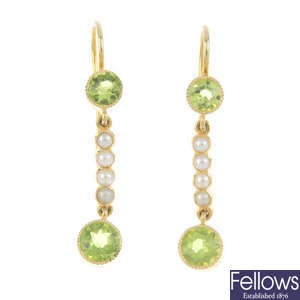 A pair of peridot and split pearl earrings.
