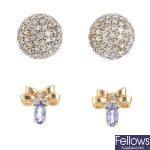Two pairs of diamond and gem-set earrings.
