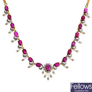 A glass-filled ruby and diamond necklace.