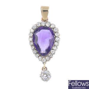 An amethyst and diamond cluster pendant.