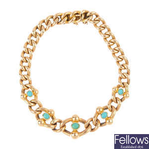 An early 20th century 15ct gold turquoise bracelet.