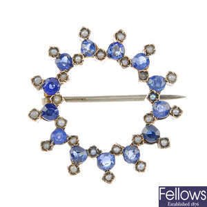 A sapphire and split pearl wreath brooch.