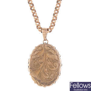 A gold front and back locket and a 9ct gold chain.