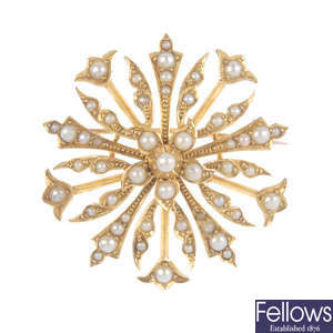 A mid 20th century 15ct gold split pearl brooch.