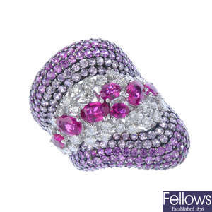 A multi-gem and diamond dress ring.