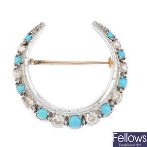 A late Victorian turquoise and diamond crescent brooch.