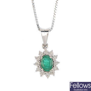 An emerald and diamond cluster pendant, with chain.