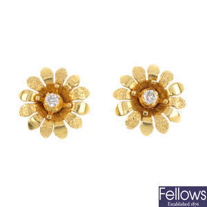 A pair of 1970s 18ct gold diamond floral earrings.