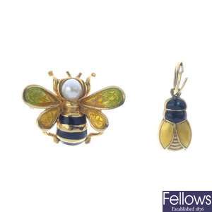 A cultured pearl and enamel bee brooch and an enamel bee pendant.