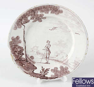 An 18th century Delft manganese plate, possibly Wincanton.